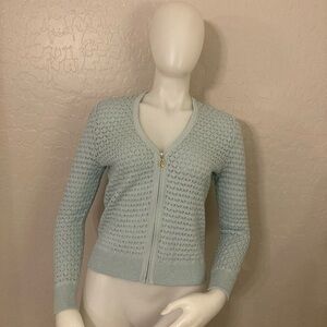 St. John Blue Wool Blend Open Knit Zip Up Cardigan Small